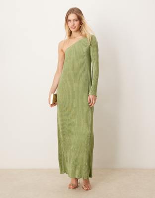 plisse one shoulder long sleeve maxi dress in sage green