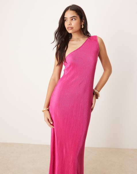 Vila plisse one shoulder sleeveless maxi dress in raspberry pink - view 1