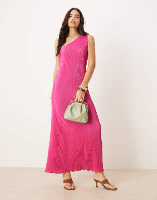 Vila Plisse One-shoulder Sleeveless Maxi Dress In Pink