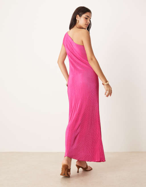 Vila plisse one shoulder sleeveless maxi dress in raspberry pink, 3 of 4