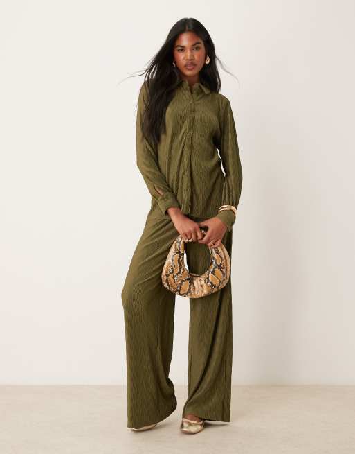 Vila plisse shirt and wide leg trouser set in dark olive