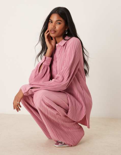 Vila plisse shirt and wide leg trouser set in dusty pink - view 1
