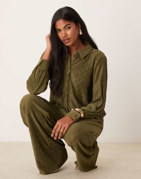 VILA plisse shirt in dark olive - part of a set - view 1