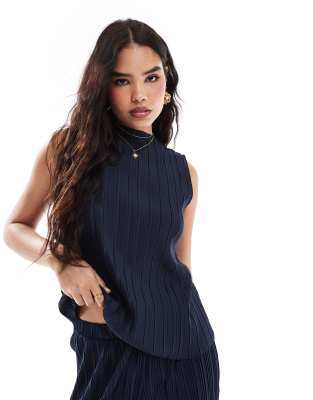 Vila Plisse Sleeveless Top In Navy