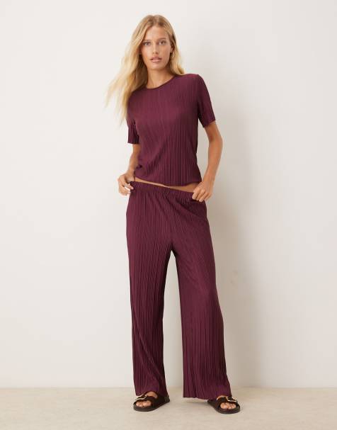 Vila plisse t-shirt and wide leg trousers set in burgundy - view 1