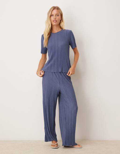 Vila plisse t-shirt and wide leg trousers set in vintage indigo blue