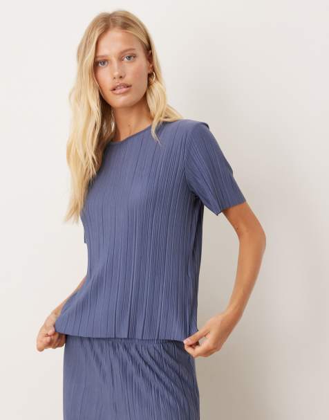 Vila plisse t-shirt co-ord in vintage indigo blue - view 1