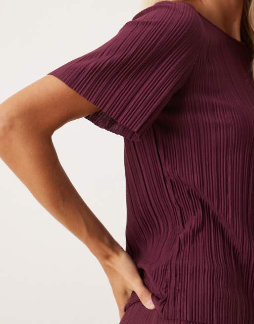 VILA plisse t-shirt in burgundy (Part of a set), 4 of 4