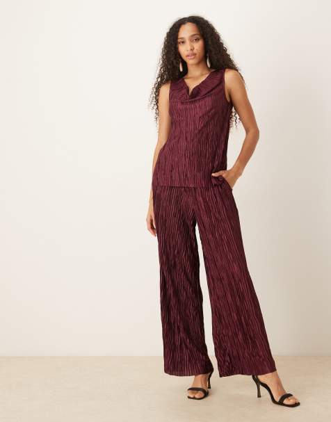 VILA plisse wide leg pants in burgundy (part of a set) - view 1