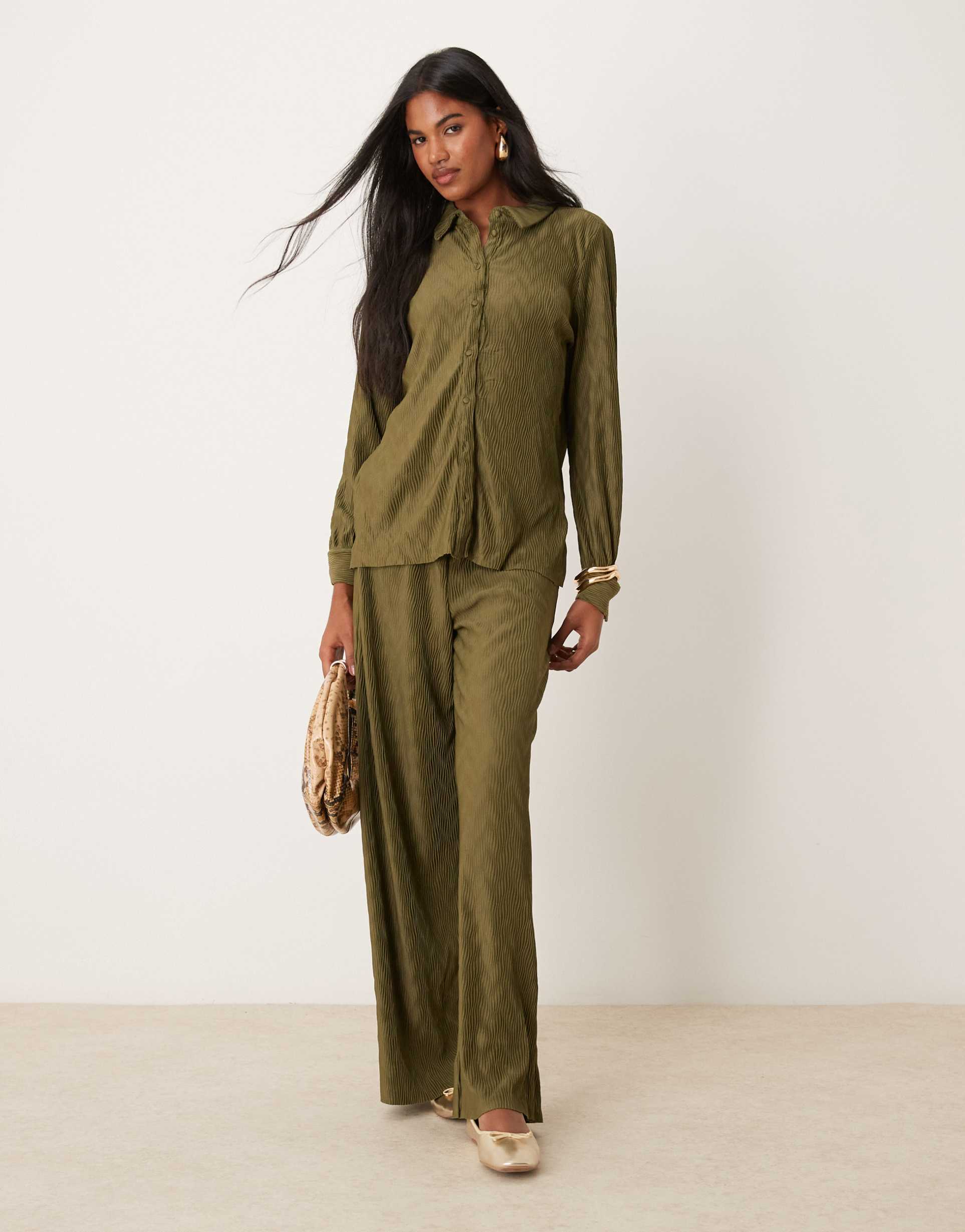 vila plisse wide leg pants in dark olive - part of a set