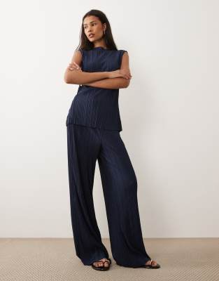 Vila Plisse Wide Leg Pants In Blue
