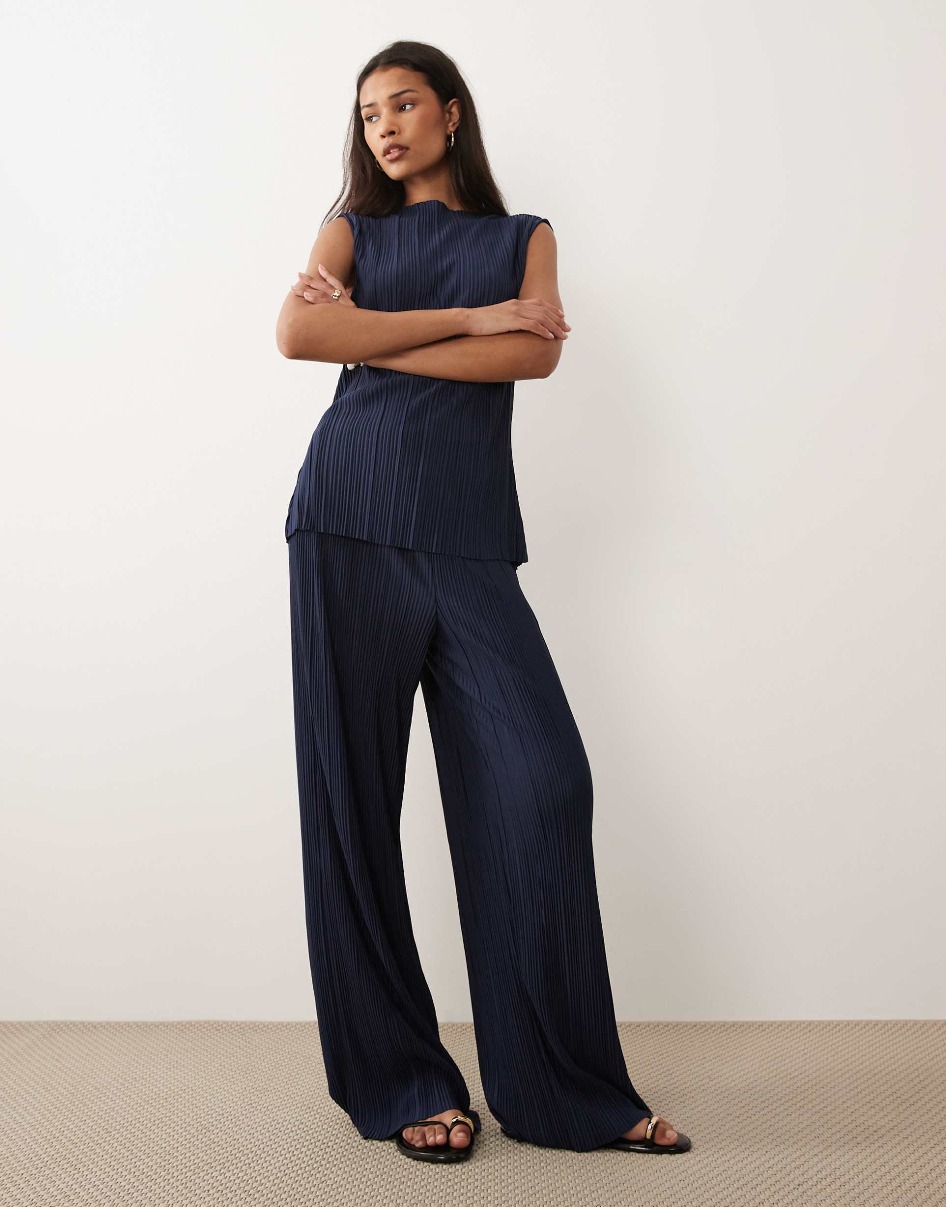 vila plisse wide leg pants in navy - part of a set