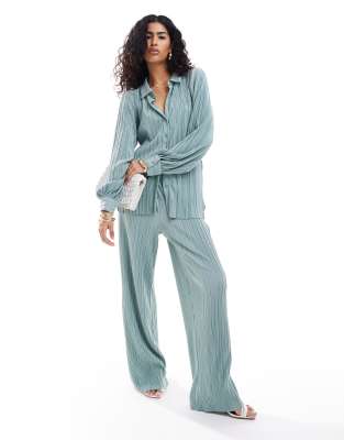 plisse wide leg pants in sea breeze - part of a set-Green