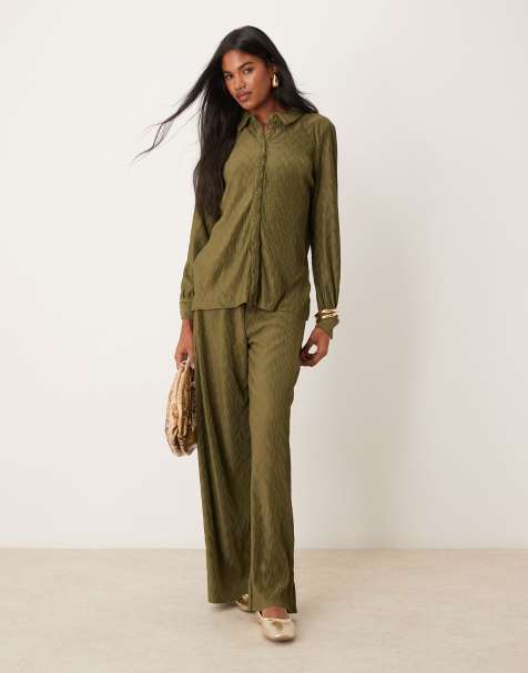 Vila plisse wide leg trouser co-ord in dark olive - view 1