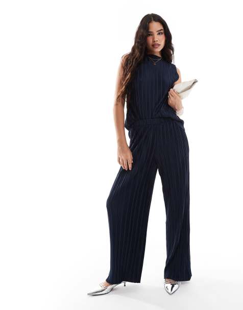 Vila plisse wide leg trouser co-ord in navy - view 1
