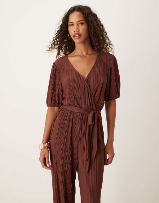 VILA plisse wrap front jumpsuit in chocolate brown