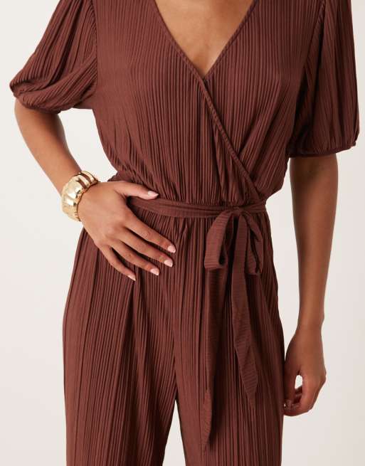 VILA plisse wrap front jumpsuit in chocolate brown