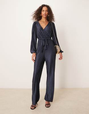 plisse wrap front jumpsuit in navy