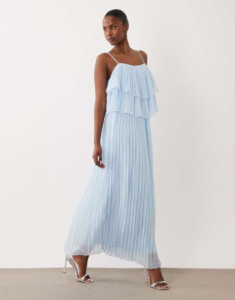 VILA – Plissiertes Maxi-Trägerkleid in Hellblau mit Rüschenlagen - view 1