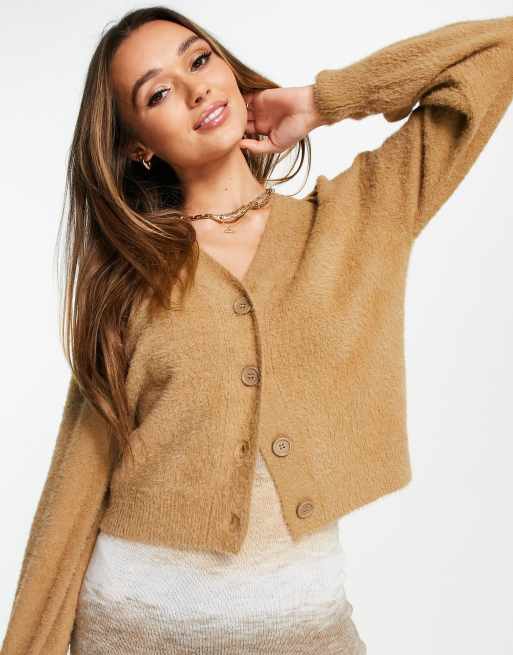 Vila - Pluizig gebreid vest in camel, deel van co-ord set