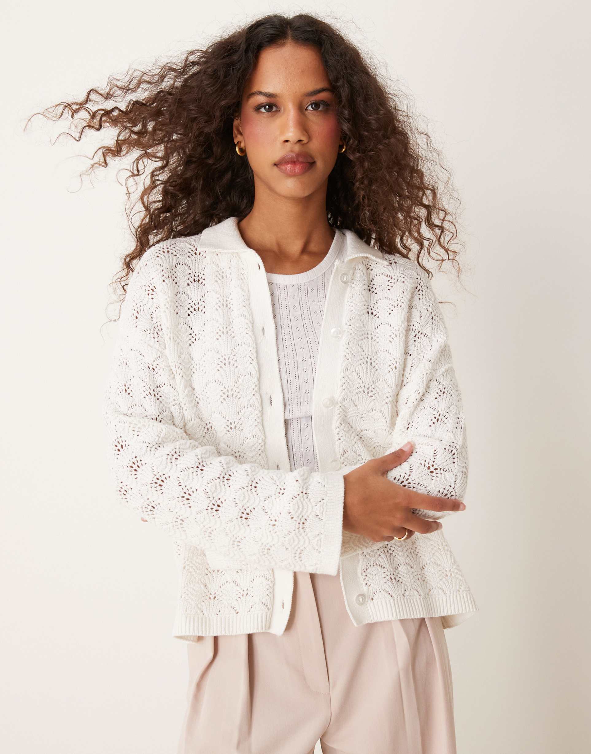 vila pointelle shell patterned knit cardigan in cream