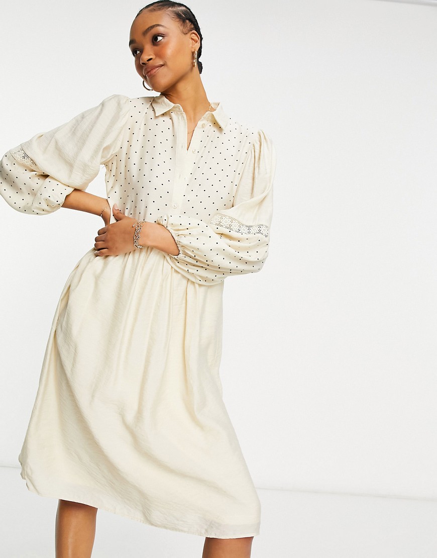 Vila polka dot midi shirt dress with crochet insert-White