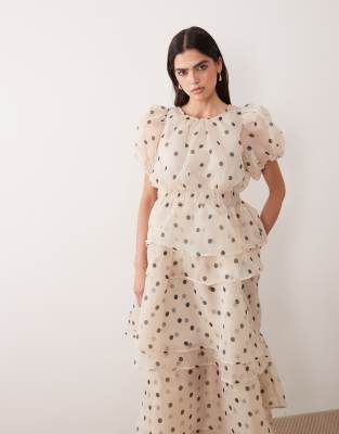 Vila Polka Dot Volume Sleeve Ruffle Midi Dress In Neutral