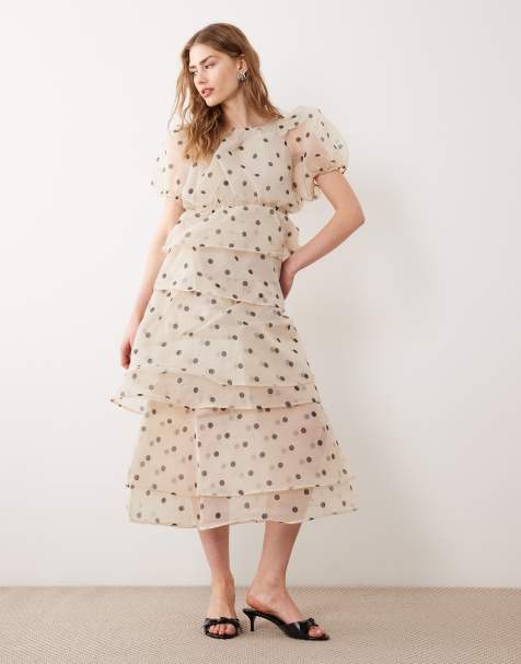 Vila polka dot volume sleeve ruffle midi dress in cream - view 1