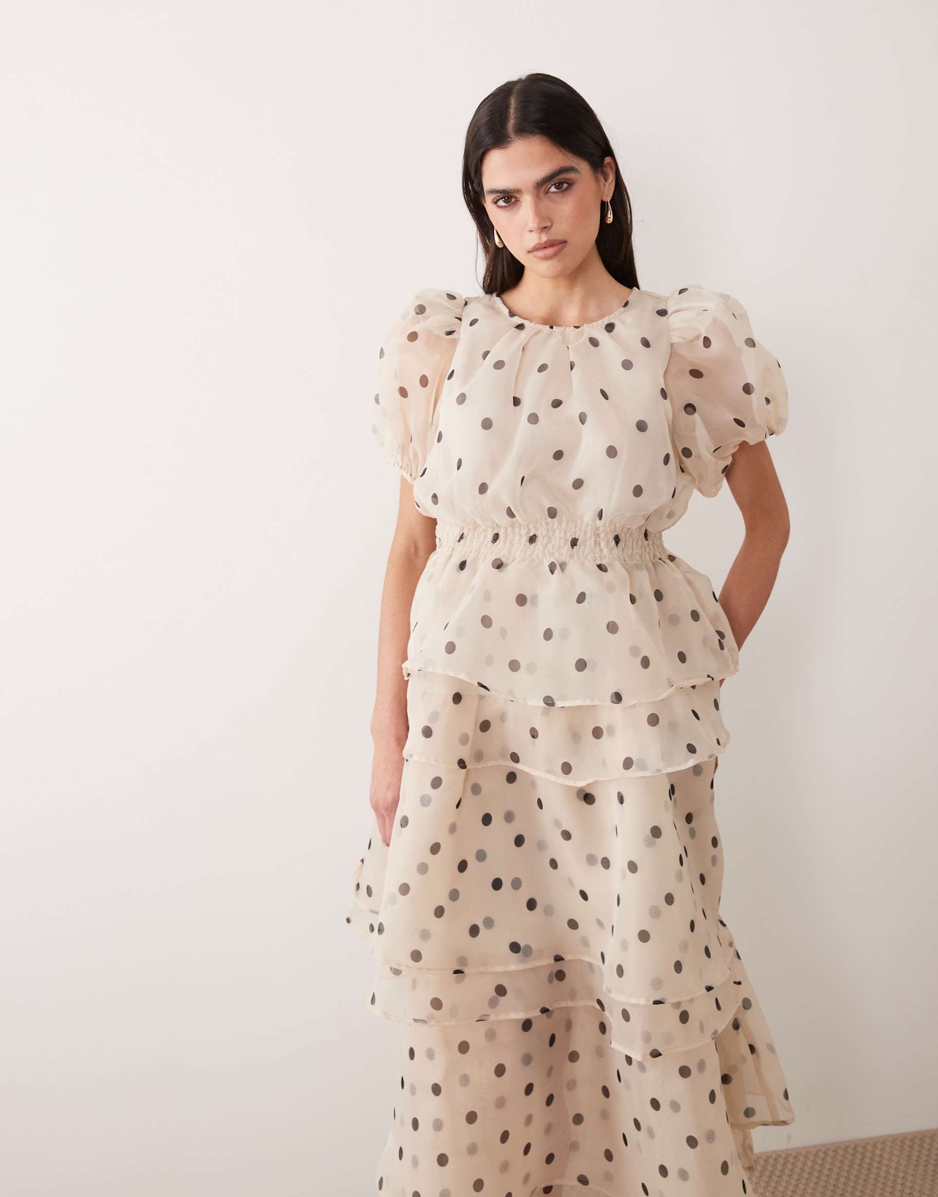 vila polka dot volume sleeve ruffle midi dress in cream