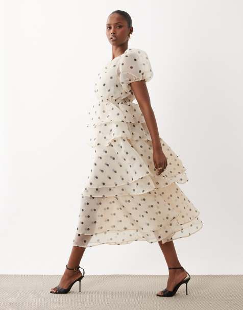Vila polka dot volume sleeve ruffle midi dress in cream