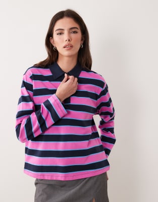 Polo style rugby oversize à rayures - Rose et bleu marine-Multicolore S