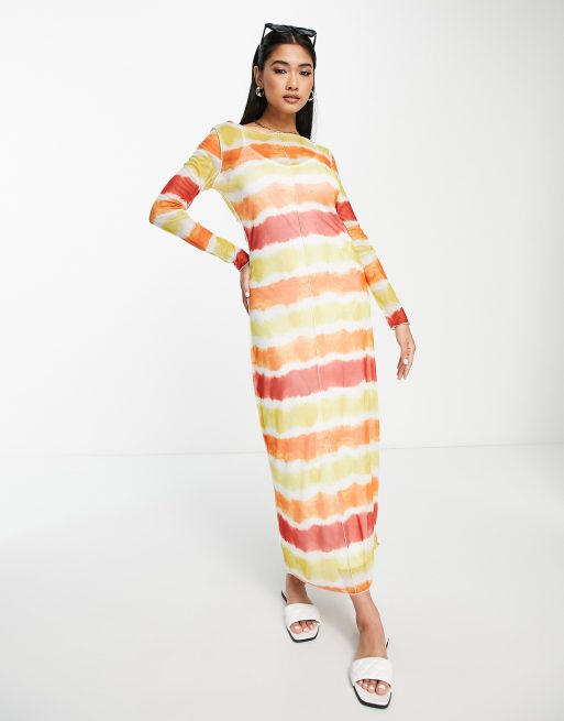 Vila – Pomarańczowa siateczkowa sukienka midi z efektem tie-dye i wzorem w paski