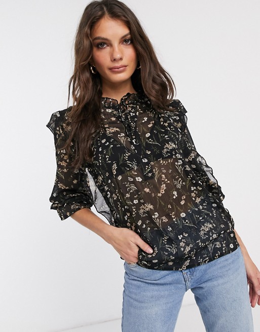 Vila prairie blouse with ruffle neck in black floral