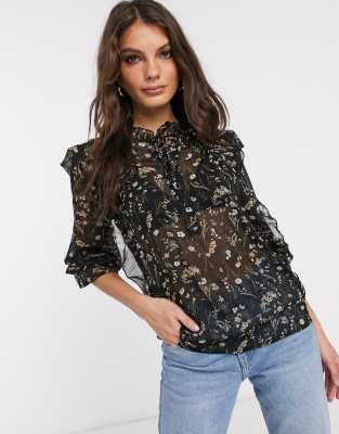 black ruffle neck blouse