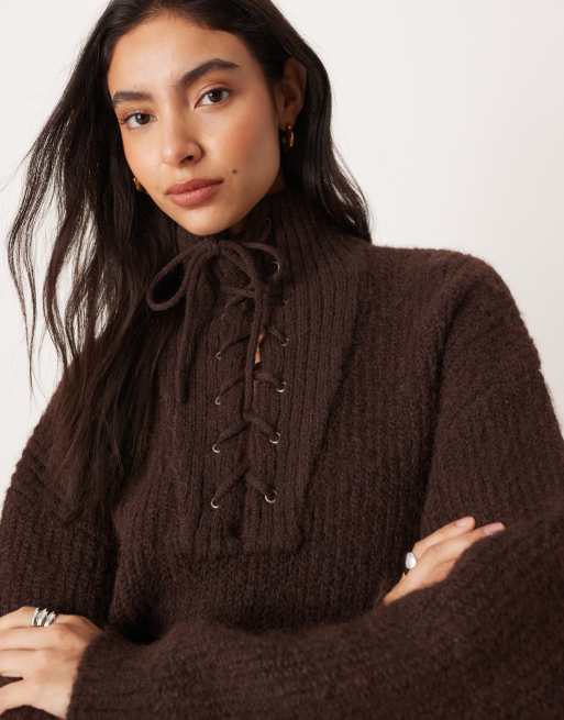 Vila premium chenielle tie detail funnel neck jumper in chocolate brown, 2 of 4