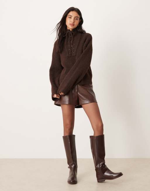 Vila premium chenielle tie detail funnel neck jumper in chocolate brown, 3 of 4