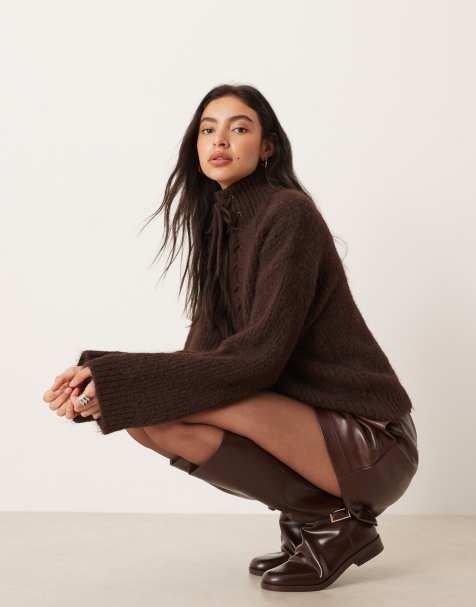 VILA premium chenielle tie detail funnel neck sweater in chocolate brown - view 1
