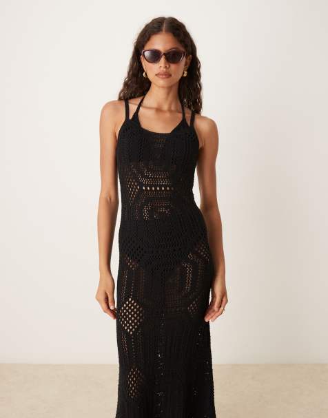 VILA premium crochet knit maxi dress in black - view 1