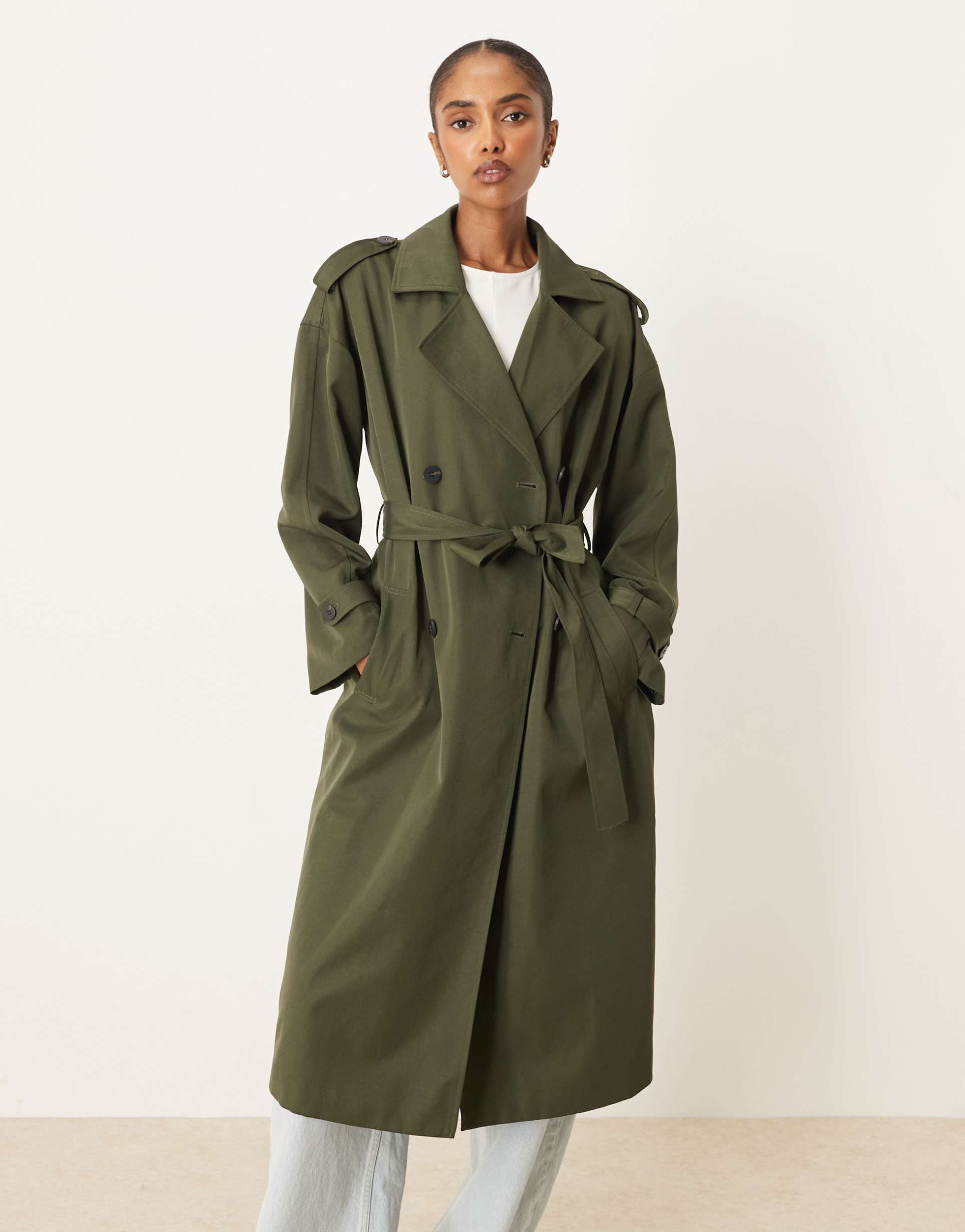 vila premium double breasted trench coat in deep green
