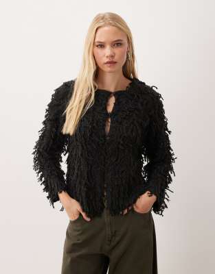 Vila Premium Exaggerated Fringe Cardigan In Black