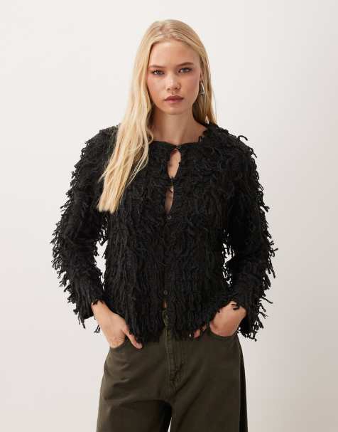 VILA premium exaggerated fringe cardigan in black - view 1