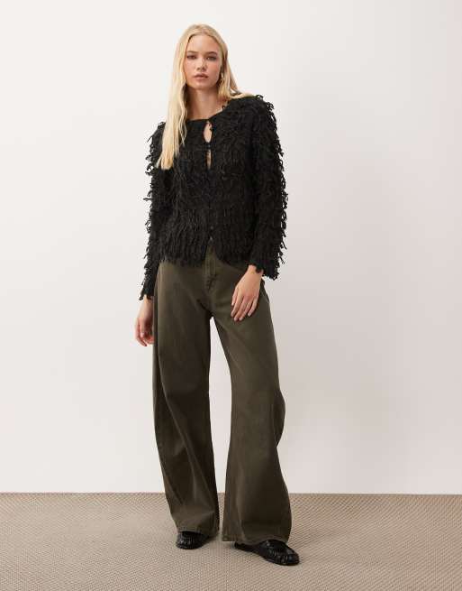 Vila premium exaggerated fringe cardigan in black, 2 of 4