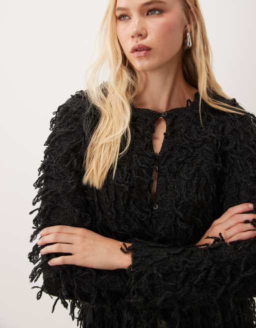 Vila premium exaggerated fringe cardigan in black, 3 of 4