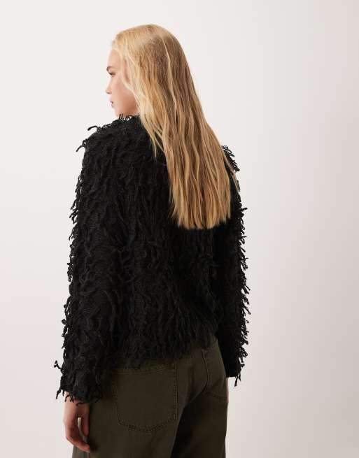 Vila premium exaggerated fringe cardigan in black, 4 of 4
