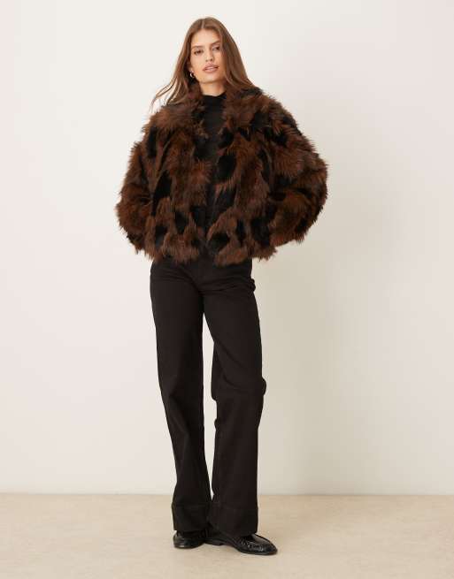 VILA premium faux fur short jacket in brown and black ASOS