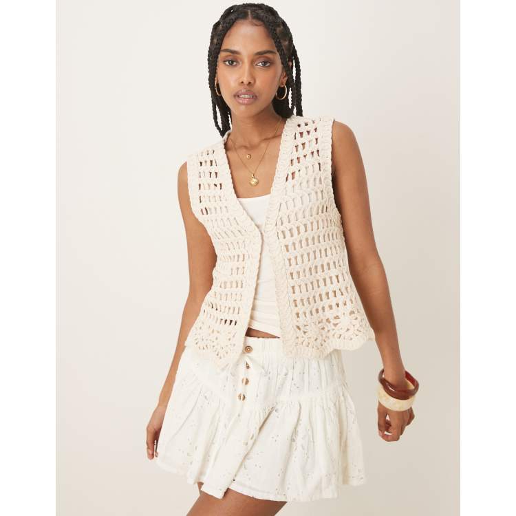 VILA premium floral hem crochet detail vest in birch cream | ASOS