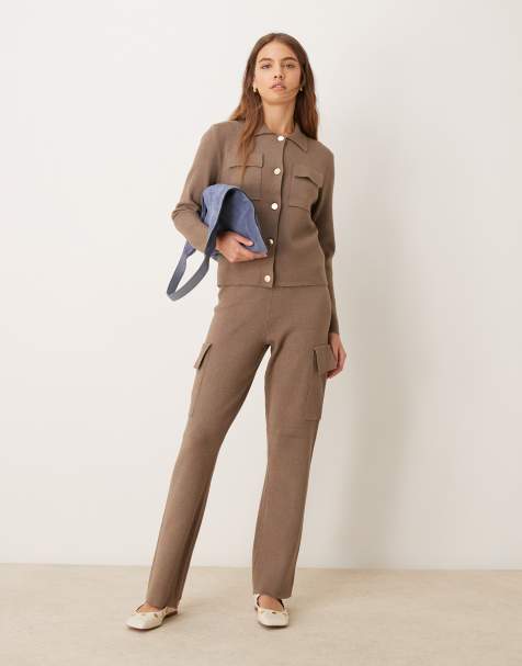 Vila - Premium - Gråbrunt sæt med bukser og cardigan i struktureret strik - view 1