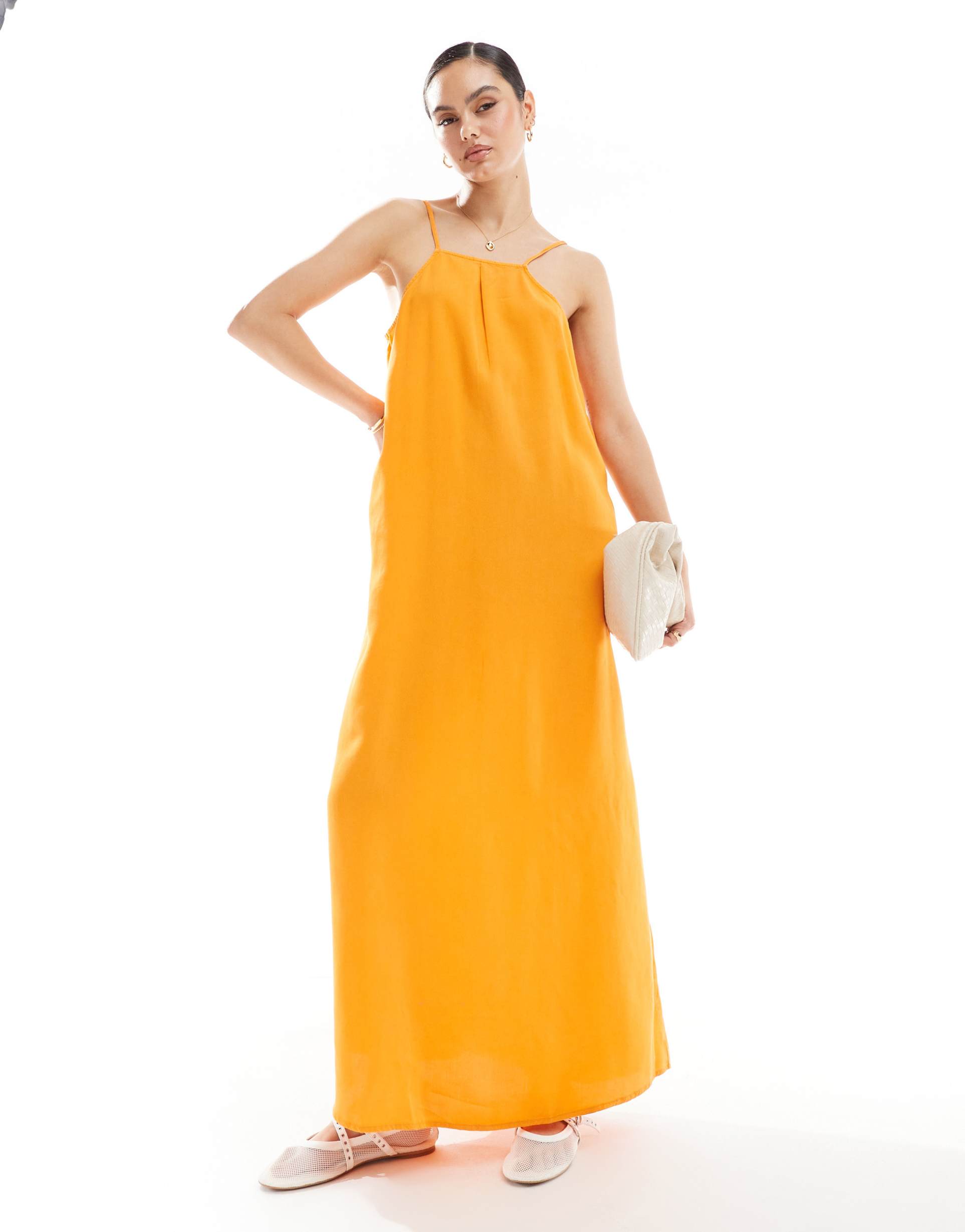 vila premium maxi cami dress in sunset orange