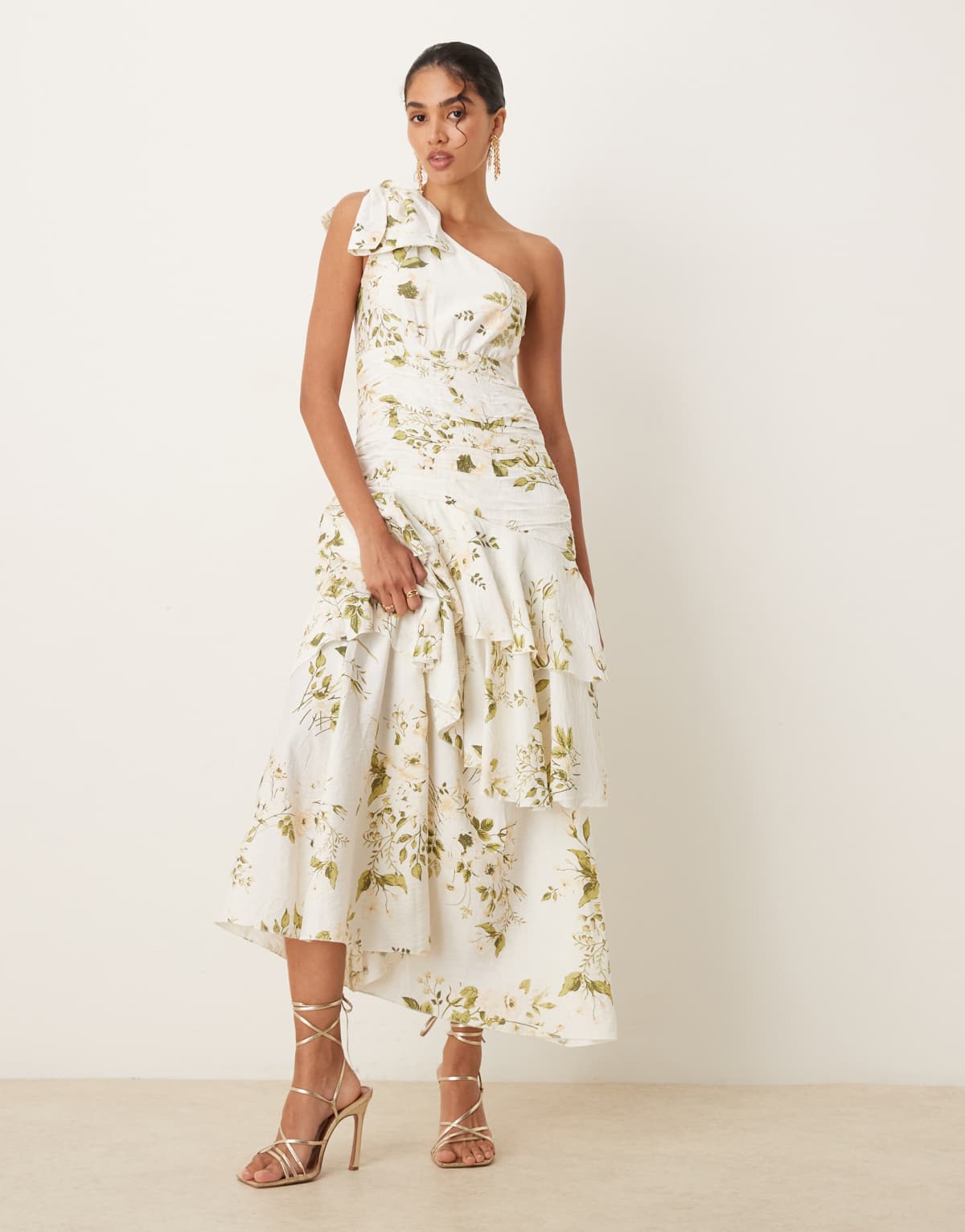 Vila premium one shoulder statement ruffle maxi dress in cream floral print