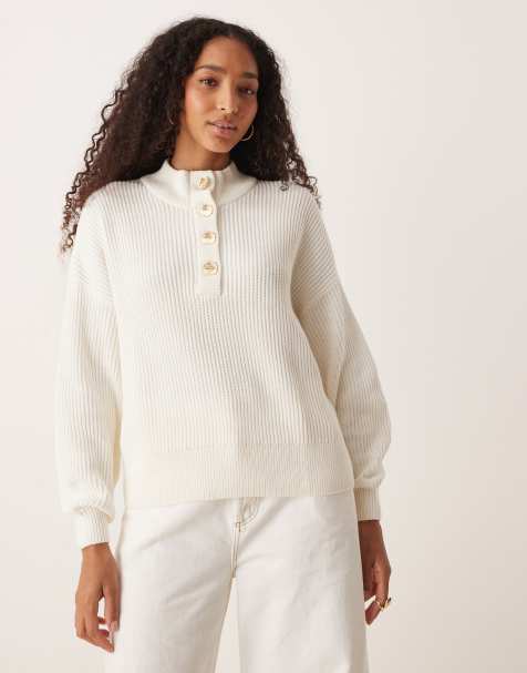 Vila premium ribbed knit jumper with hammered gold buttons in cream